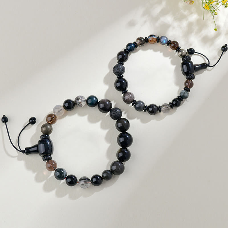 Five Elements Harmonizing Black Obsidian, Smoky Quartz, Black Agate Beaded Bracelet
