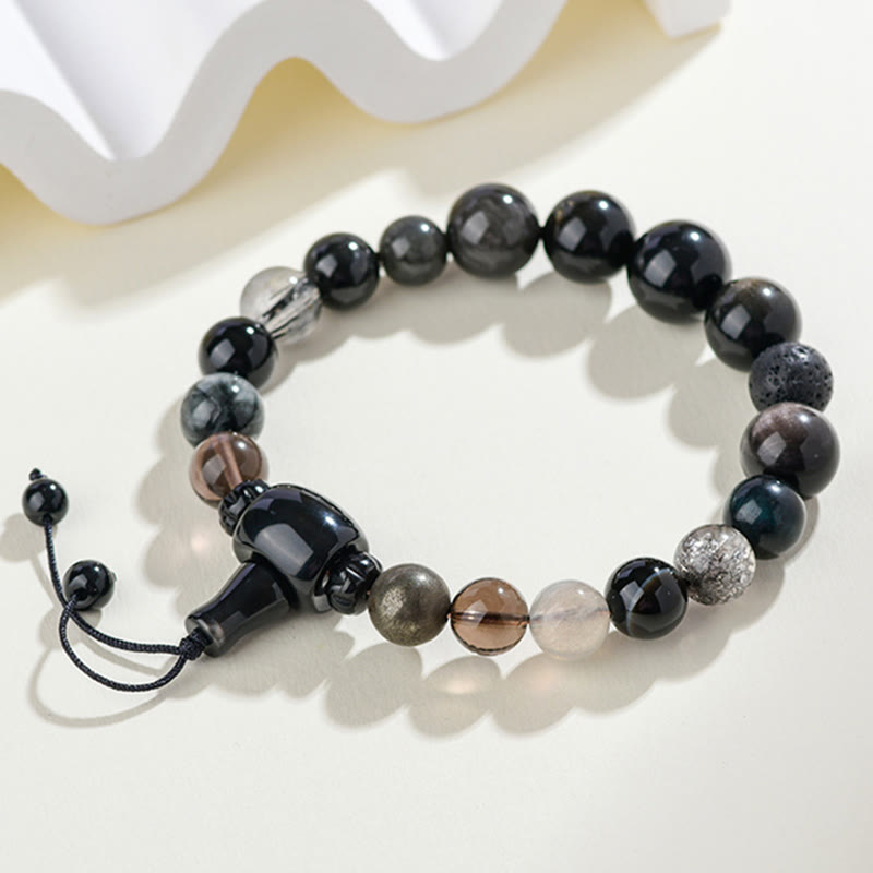 Five Elements Harmonizing Black Obsidian, Smoky Quartz, Black Agate Beaded Bracelet