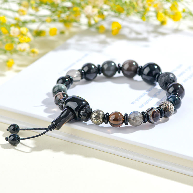 Five Elements Harmonizing Black Obsidian, Smoky Quartz, Black Agate Beaded Bracelet