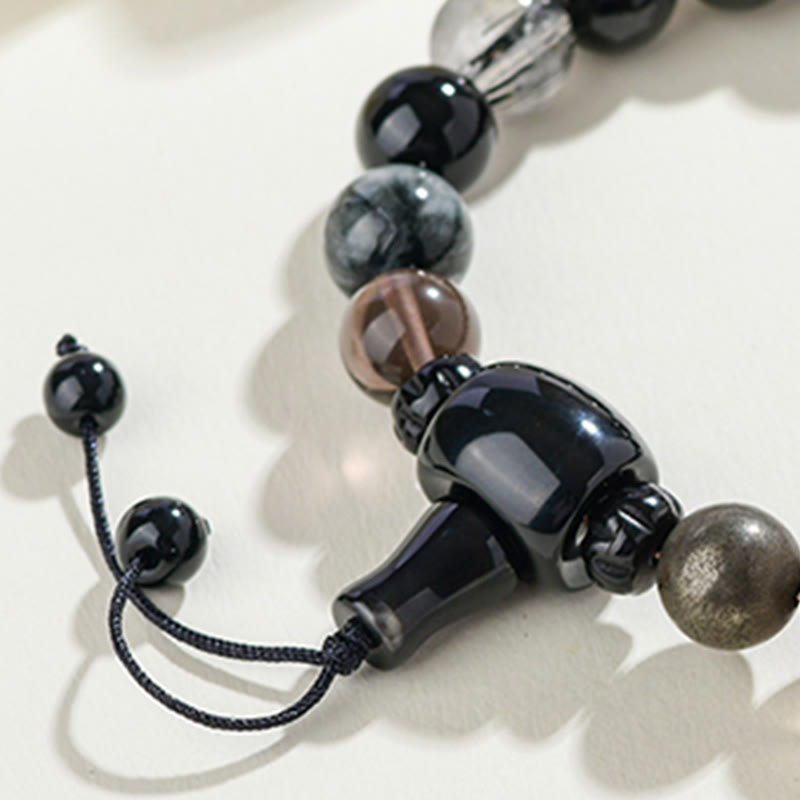 Five Elements Harmonizing Black Obsidian, Smoky Quartz, Black Agate Beaded Bracelet