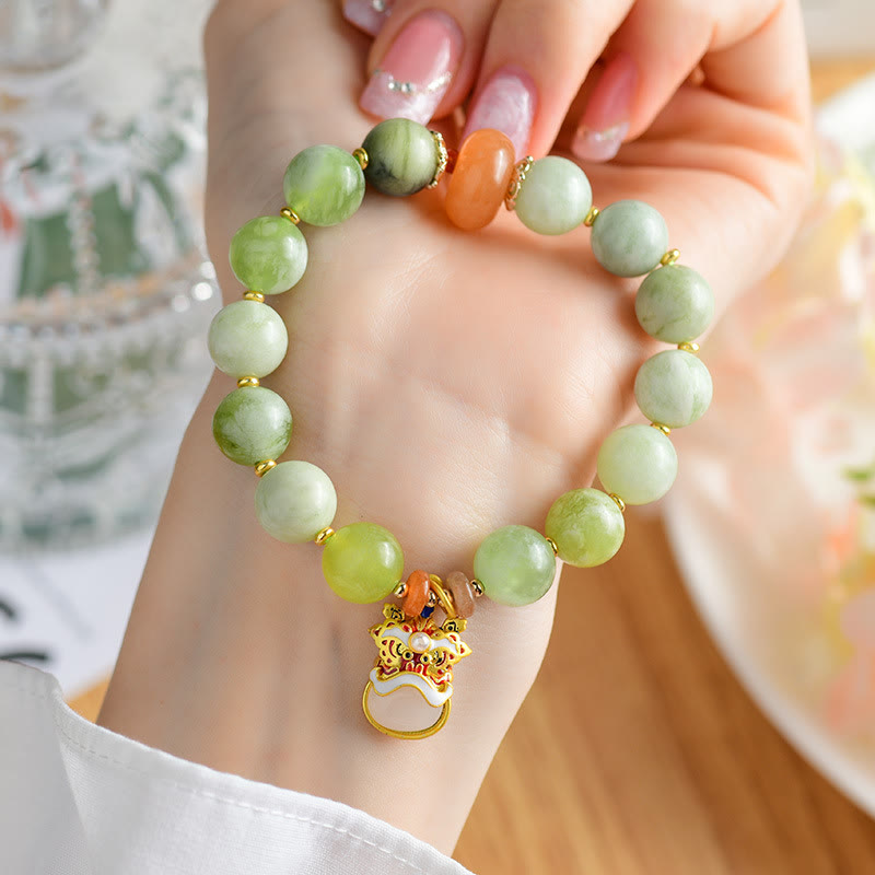 Natural Jade Dancing Lion Charm Prosperity Luck Bracelet