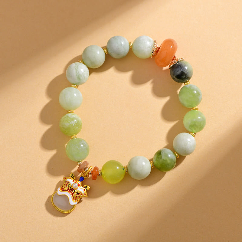Natural Jade Dancing Lion Charm Prosperity Luck Bracelet