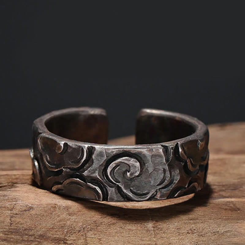 Adjustable 999 Sterling Silver Auspicious Clouds Hand-Carved Ring