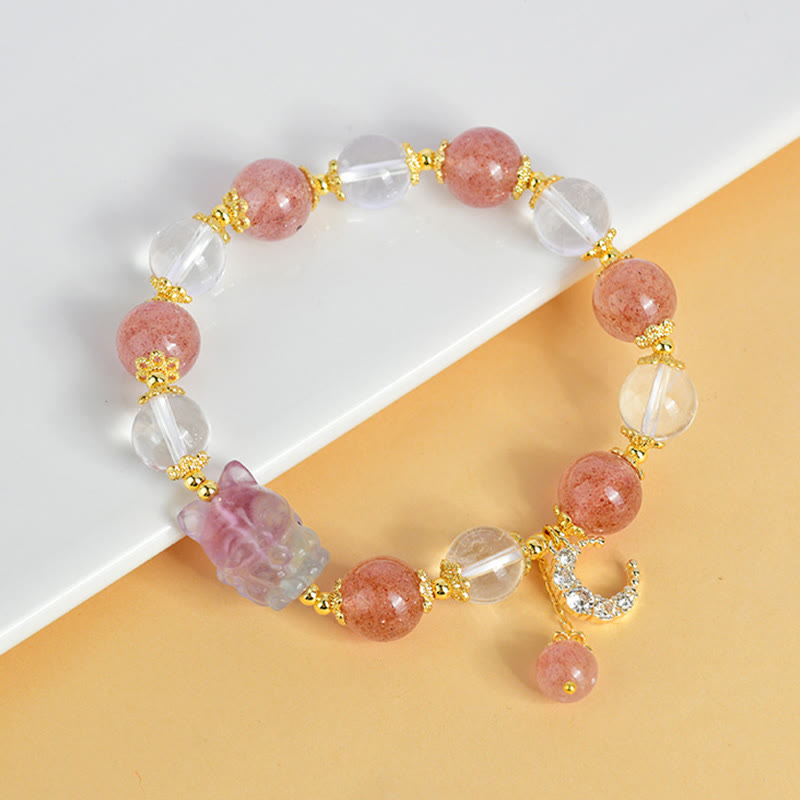 Natural White Strawberry Quartz Crystal Healing Love Nine Tailed Fox Moon Pendant Bracelet