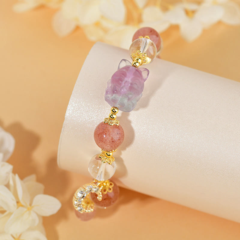Natural White Strawberry Quartz Crystal Healing Love Nine Tailed Fox Moon Pendant Bracelet