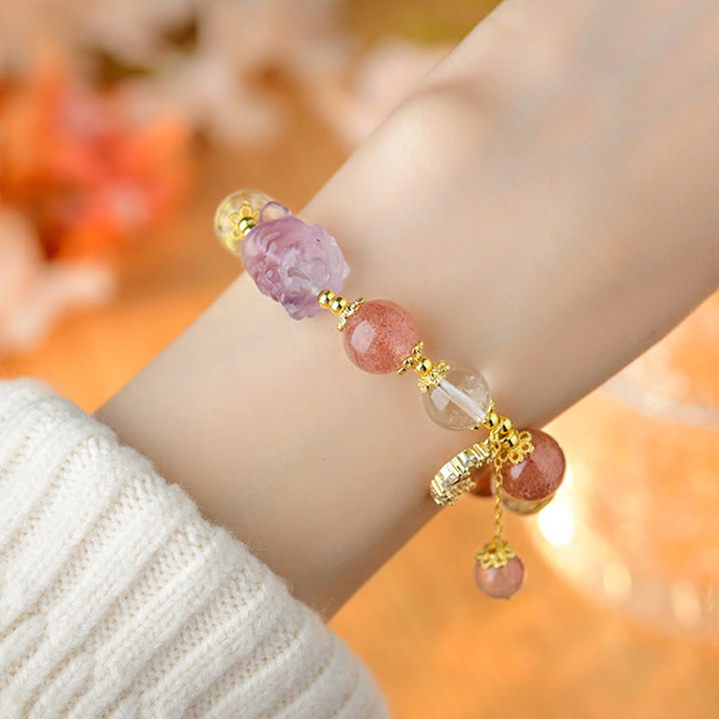 Natural White Strawberry Quartz Crystal Healing Love Nine Tailed Fox Moon Pendant Bracelet