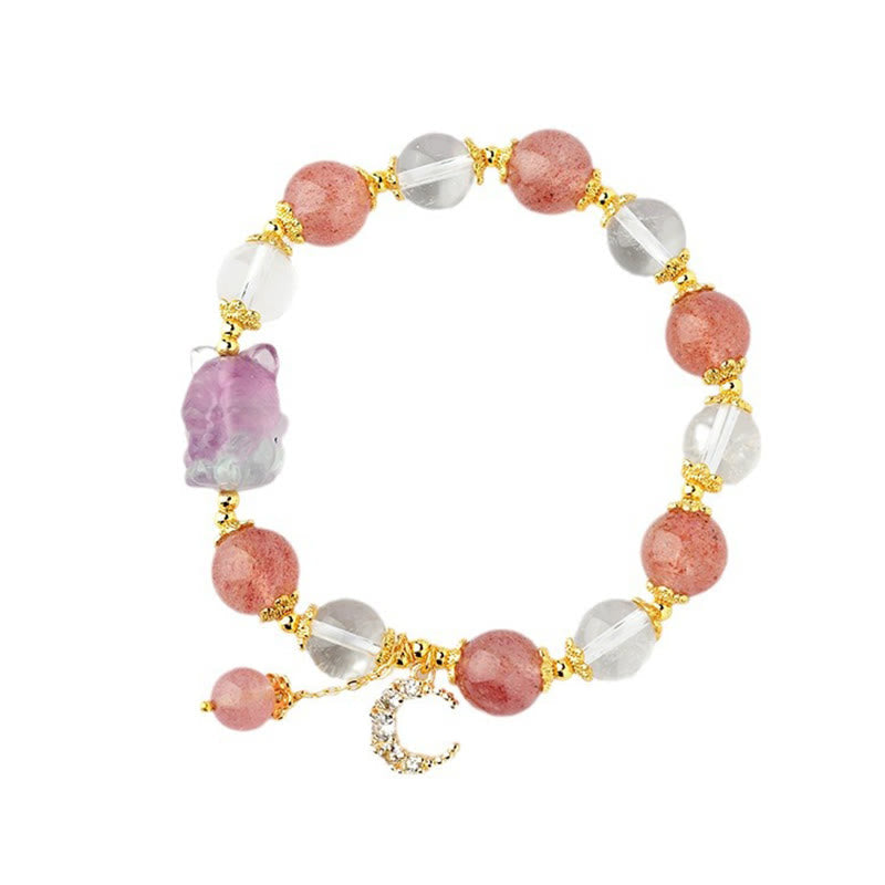 Natural White Strawberry Quartz Crystal Healing Love Nine Tailed Fox Moon Pendant Bracelet