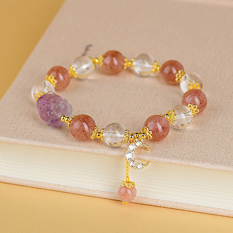Natural White Strawberry Quartz Crystal Healing Love Nine Tailed Fox Moon Pendant Bracelet