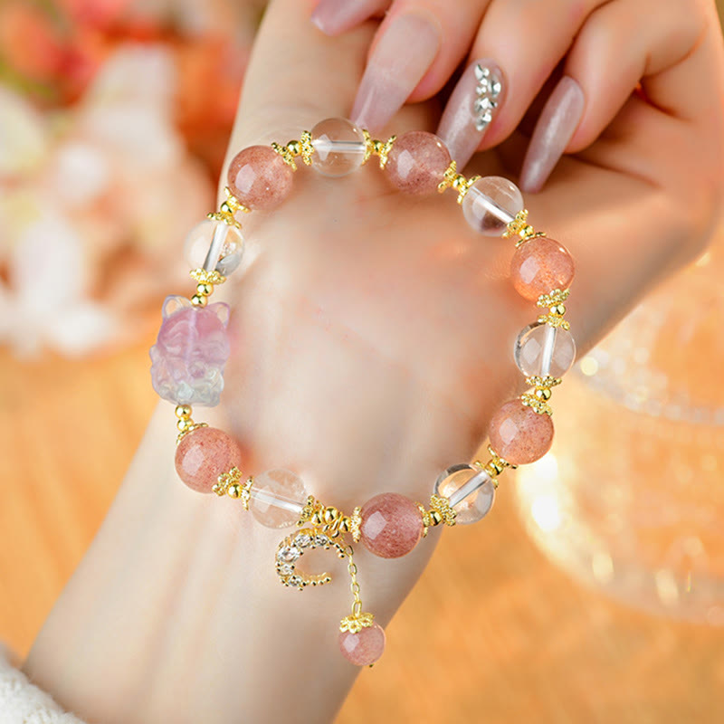 Natural White Strawberry Quartz Crystal Healing Love Nine Tailed Fox Moon Pendant Bracelet