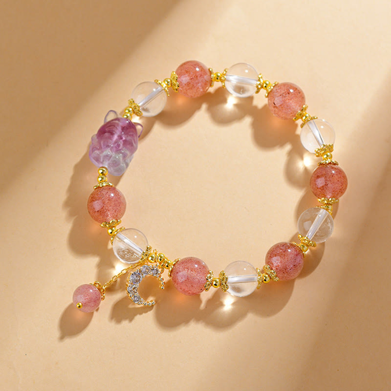 Natural White Strawberry Quartz Crystal Healing Love Nine Tailed Fox Moon Pendant Bracelet