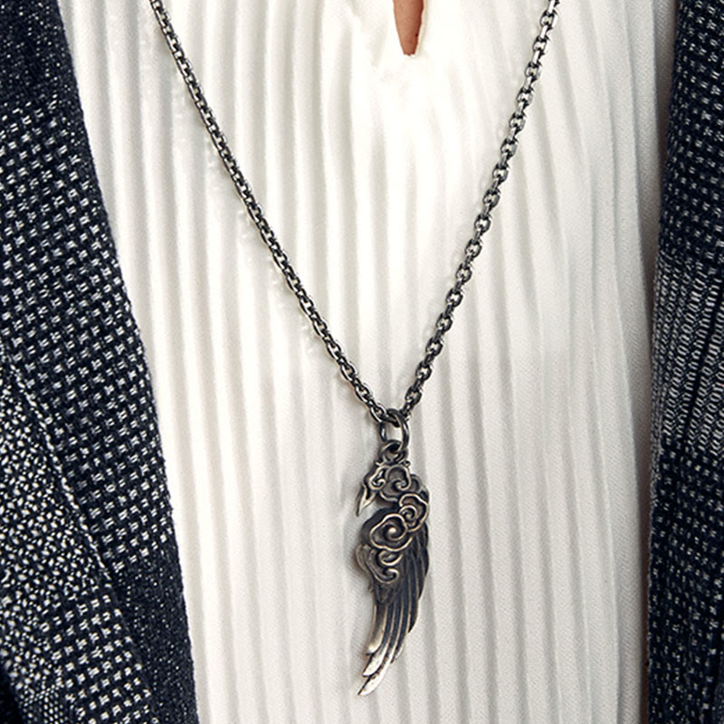 925 Sterling Silver Auspicious Clouds Wing Cotton Rope Deerskin Rope Necklace Pendant