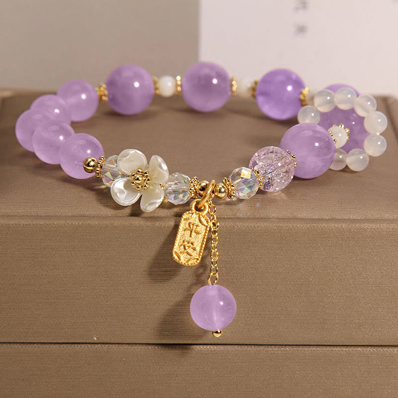 Natural Chalcedony Floral Gemstone Bracelet with Amethyst or Blue Quartz