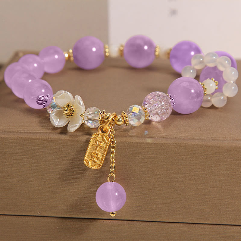 Natural Chalcedony Floral Gemstone Bracelet with Amethyst or Blue Quartz