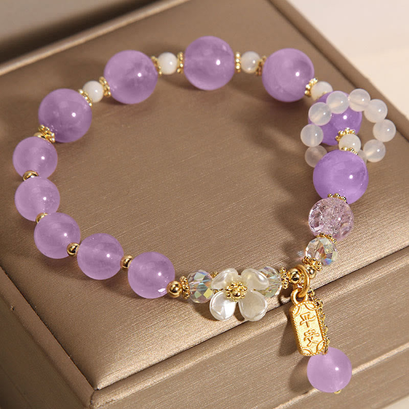 Natural Chalcedony Floral Gemstone Bracelet with Amethyst or Blue Quartz