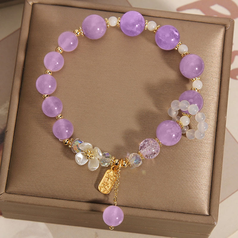 Natural Chalcedony Floral Gemstone Bracelet with Amethyst or Blue Quartz