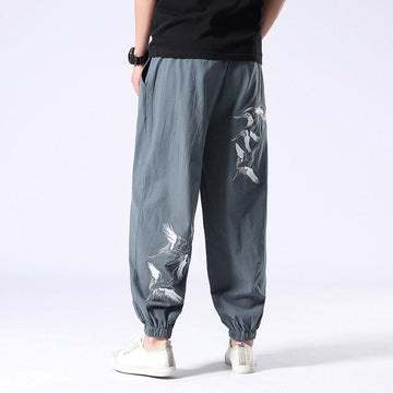 White Crane Embroidery Design Drawstring Men's Harem Pants With Pockets