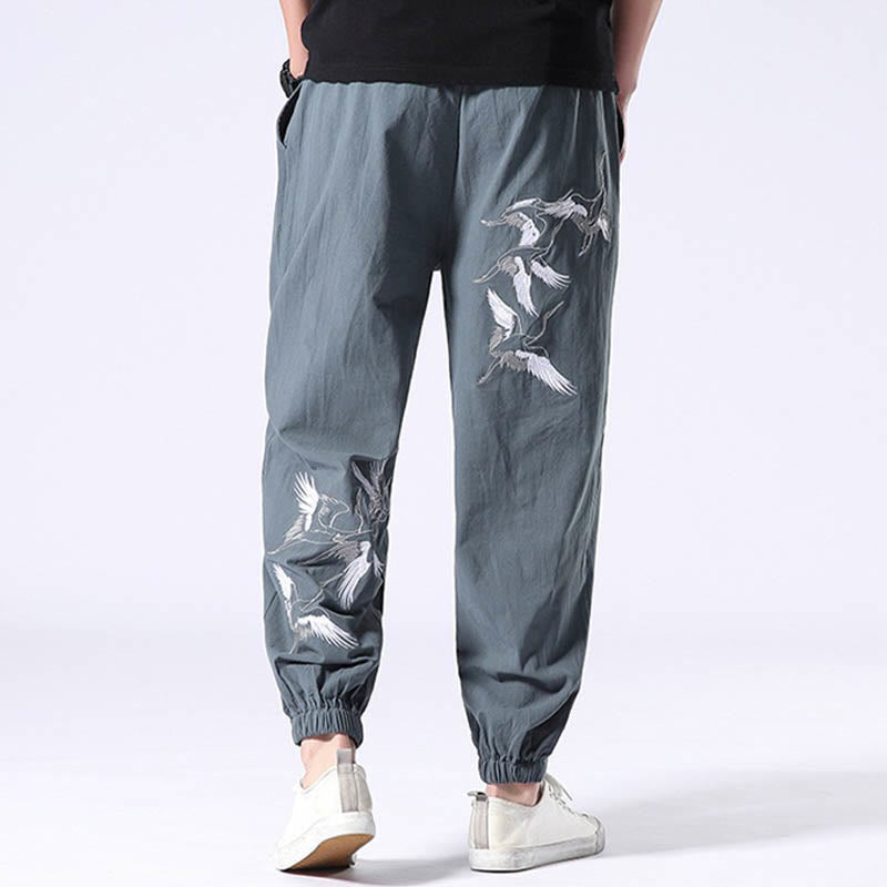 White Crane Embroidery Design Drawstring Men's Harem Pants With Pockets