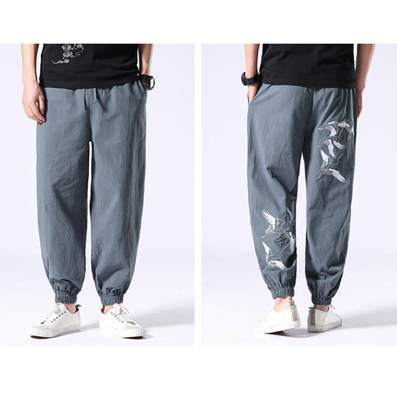 White Crane Embroidery Design Drawstring Men's Harem Pants With Pockets