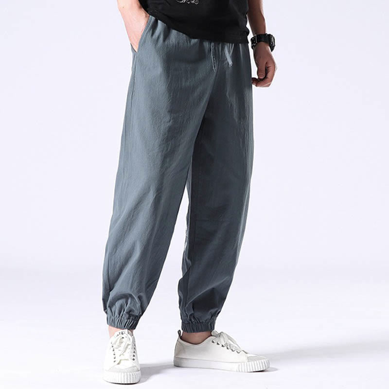 White Crane Embroidery Design Drawstring Men's Harem Pants With Pockets