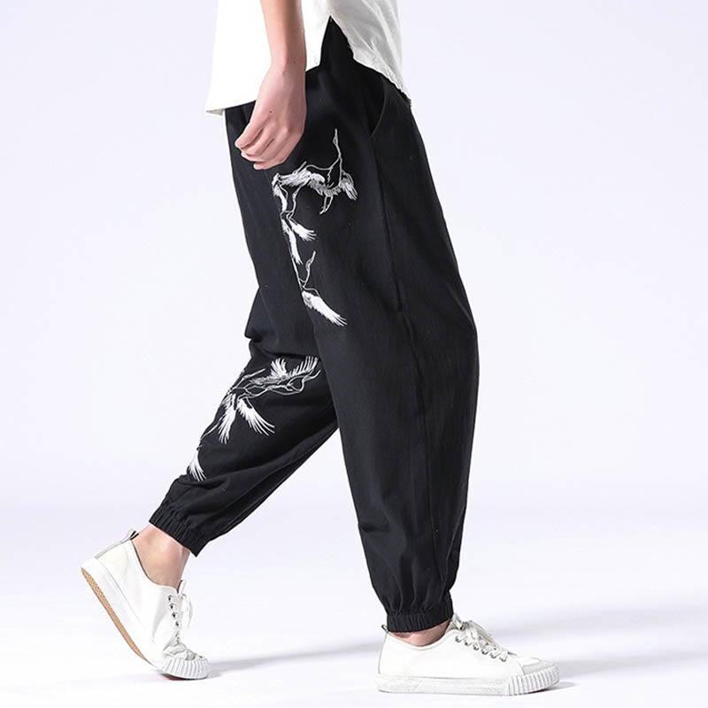 White Crane Embroidery Design Drawstring Men's Harem Pants With Pockets