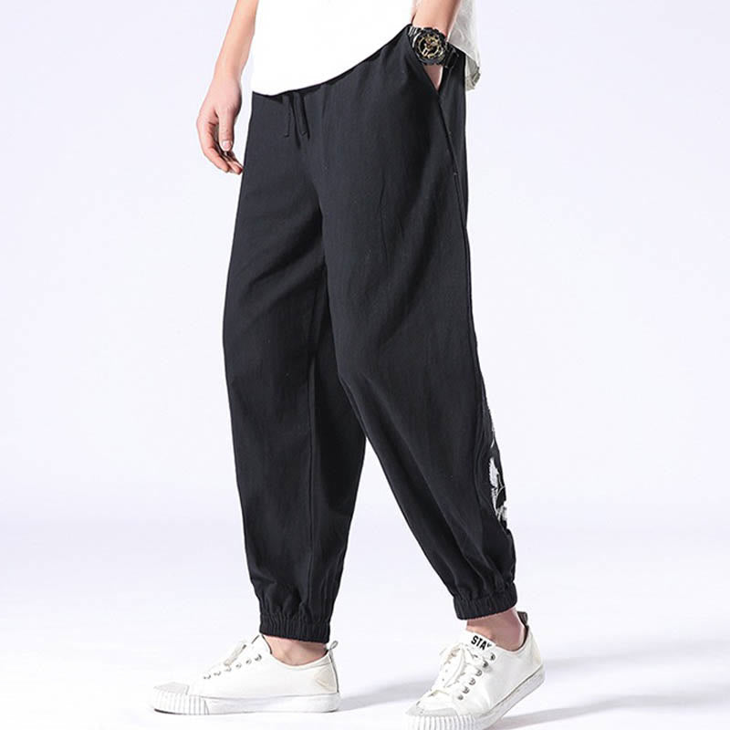 White Crane Embroidery Design Drawstring Men's Harem Pants With Pockets