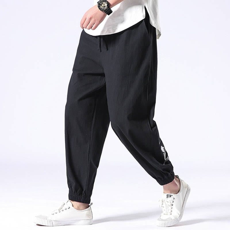 White Crane Embroidery Design Drawstring Men's Harem Pants With Pockets