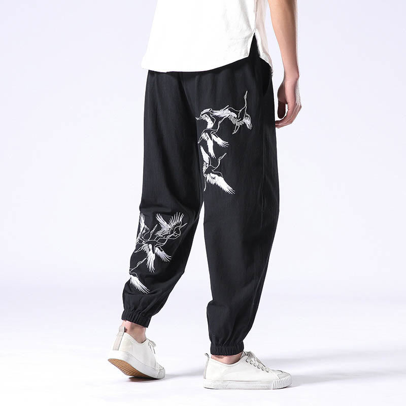 White Crane Embroidery Design Drawstring Men's Harem Pants With Pockets