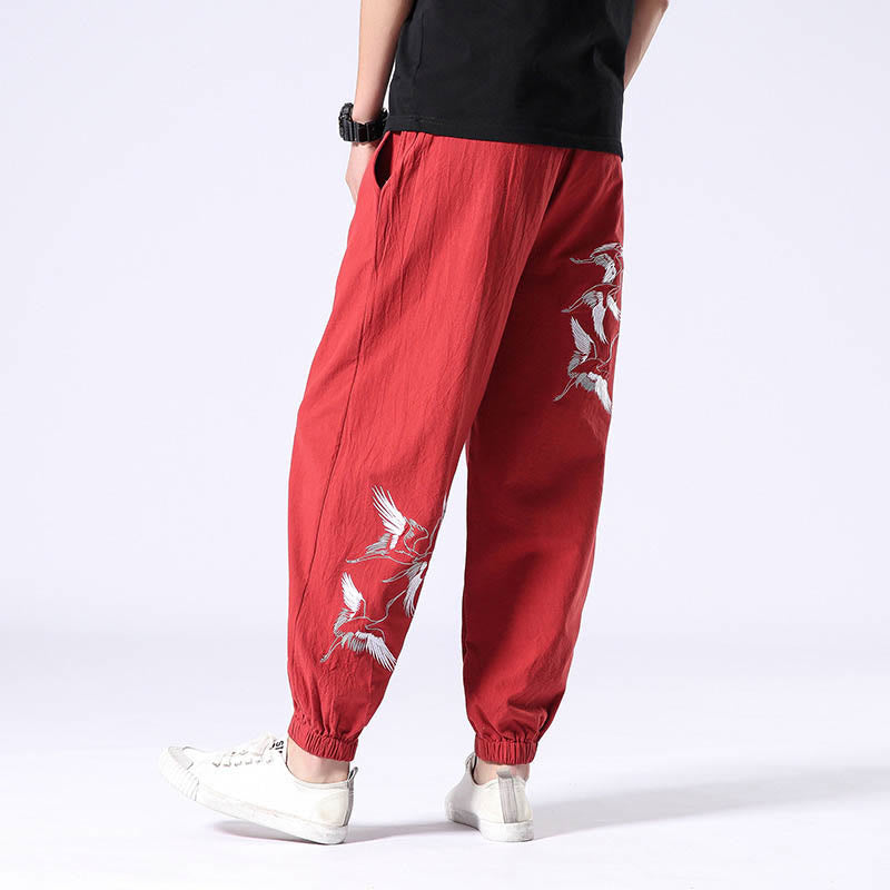 White Crane Embroidery Design Drawstring Men's Harem Pants With Pockets