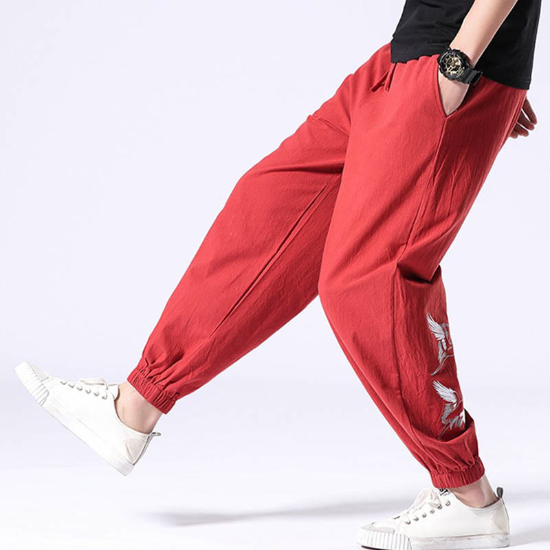 White Crane Embroidery Design Drawstring Men's Harem Pants With Pockets