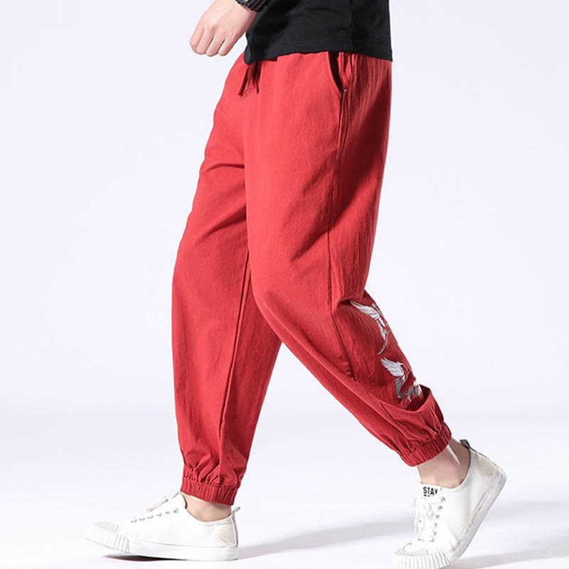 White Crane Embroidery Design Drawstring Men's Harem Pants With Pockets