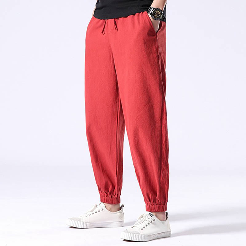 White Crane Embroidery Design Drawstring Men's Harem Pants With Pockets