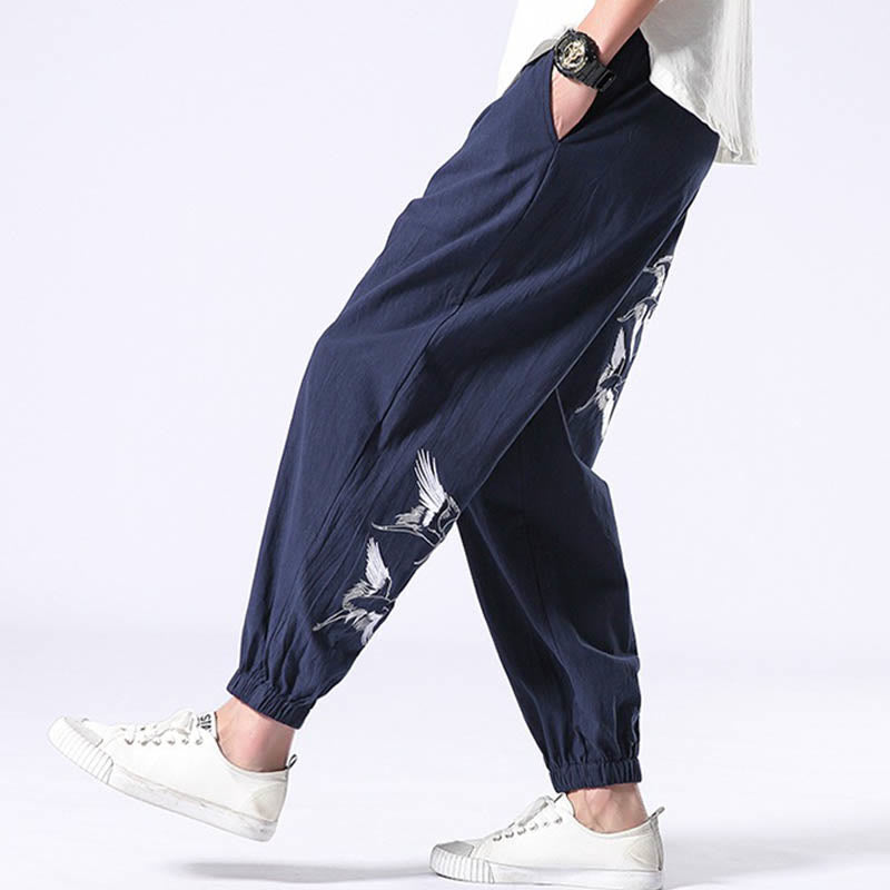 White Crane Embroidery Design Drawstring Men's Harem Pants With Pockets