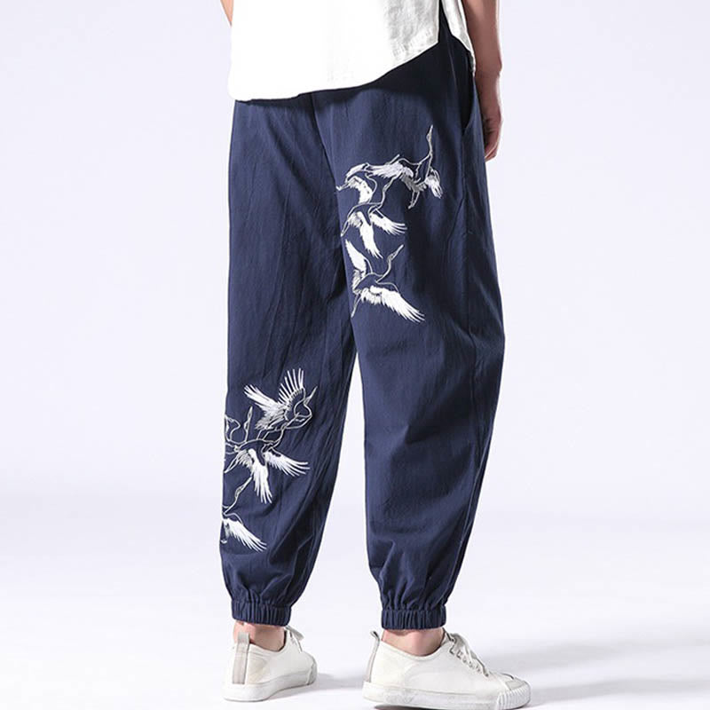 White Crane Embroidery Design Drawstring Men's Harem Pants With Pockets