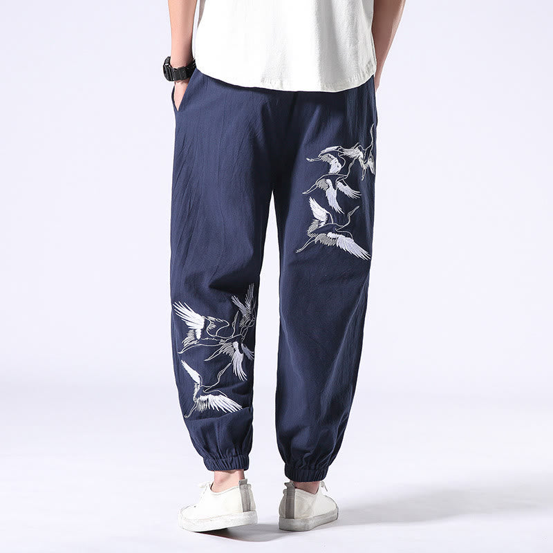 White Crane Embroidery Design Drawstring Men's Harem Pants With Pockets