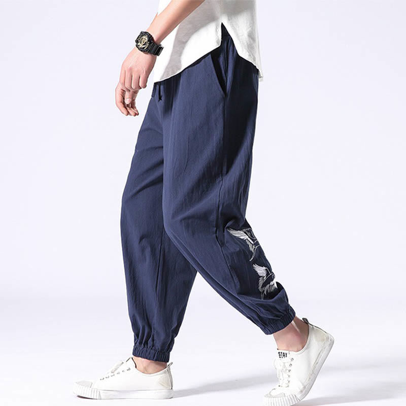 White Crane Embroidery Design Drawstring Men's Harem Pants With Pockets