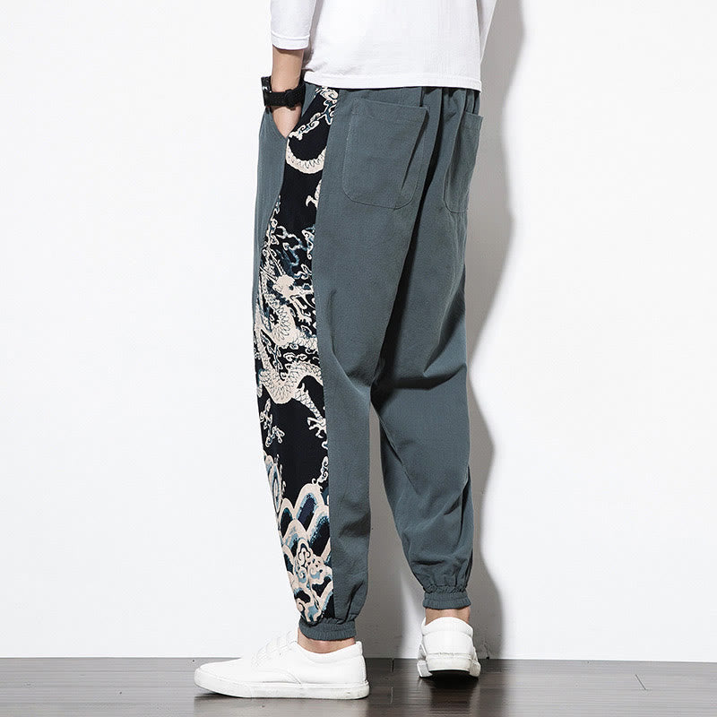 Summer Dragon Waves Cotton Men's Pants With Pockets