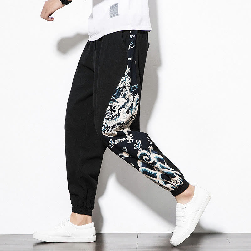 Summer Dragon Waves Cotton Men's Pants With Pockets
