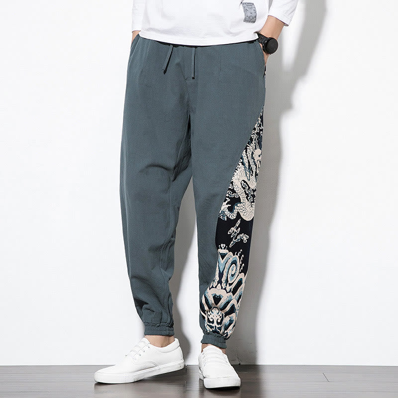 Summer Dragon Waves Cotton Men's Pants With Pockets