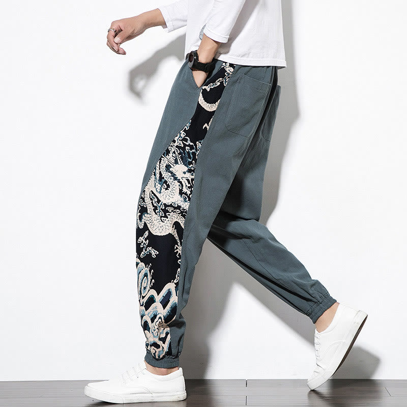 Summer Dragon Waves Cotton Men's Pants With Pockets