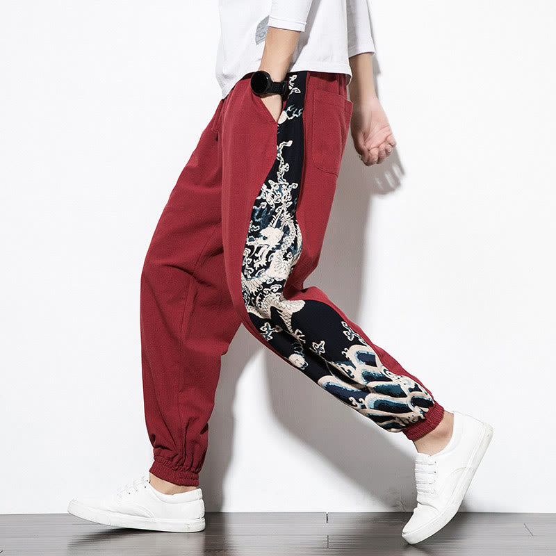Summer Dragon Waves Cotton Men's Pants With Pockets