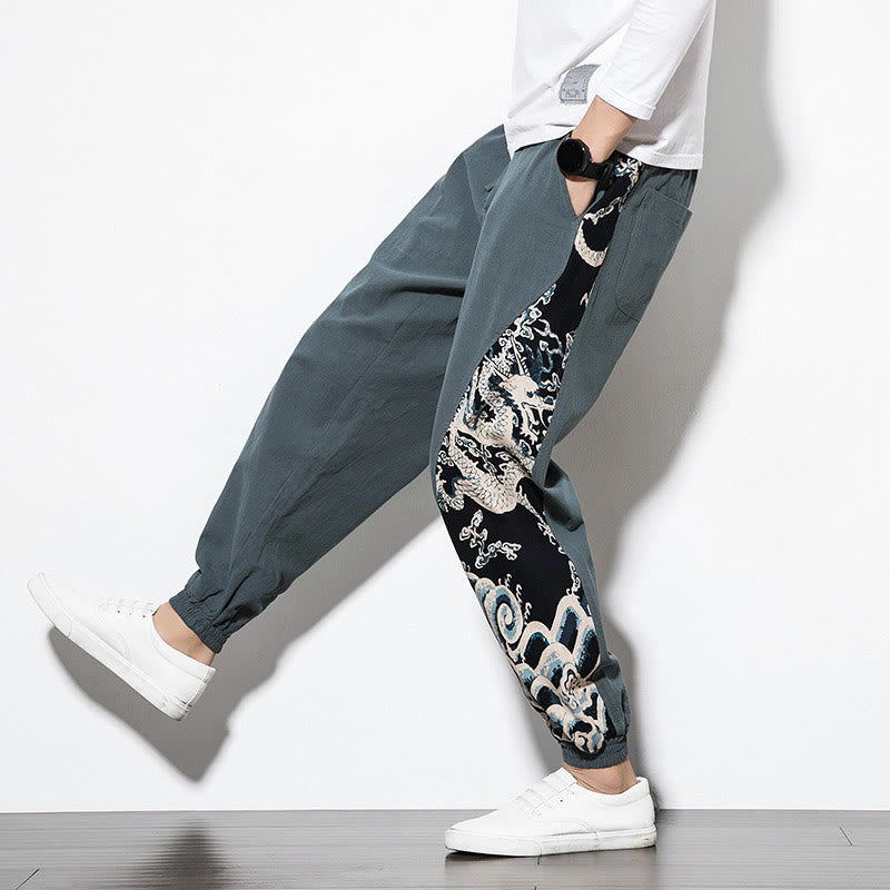 Summer Dragon Waves Cotton Men's Pants With Pockets