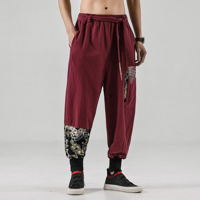 Ocean Waves Lace-up Cotton Men's Harem Pants With Pockets