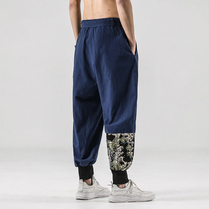 Ocean Waves Lace-up Cotton Men's Harem Pants With Pockets