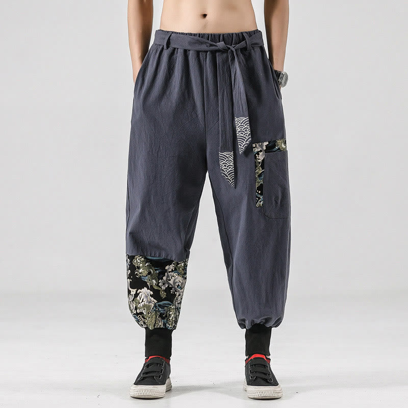 Ocean Waves Lace-up Cotton Men's Harem Pants With Pockets