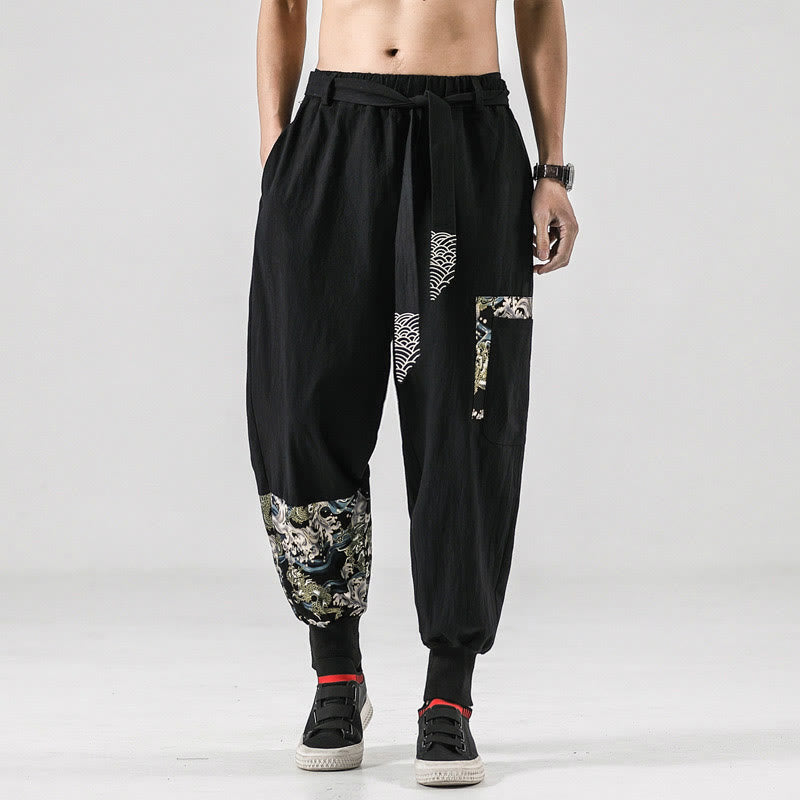 Ocean Waves Lace-up Cotton Men's Harem Pants With Pockets