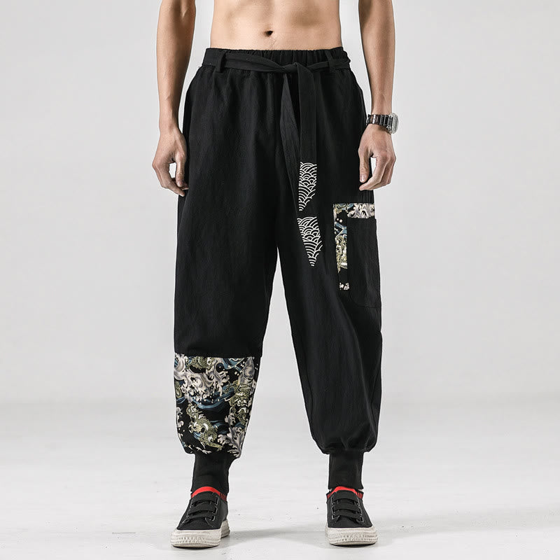 Ocean Waves Lace-up Cotton Men's Harem Pants With Pockets