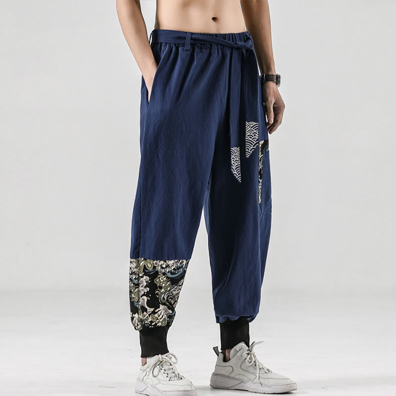 Ocean Waves Lace-up Cotton Men's Harem Pants With Pockets