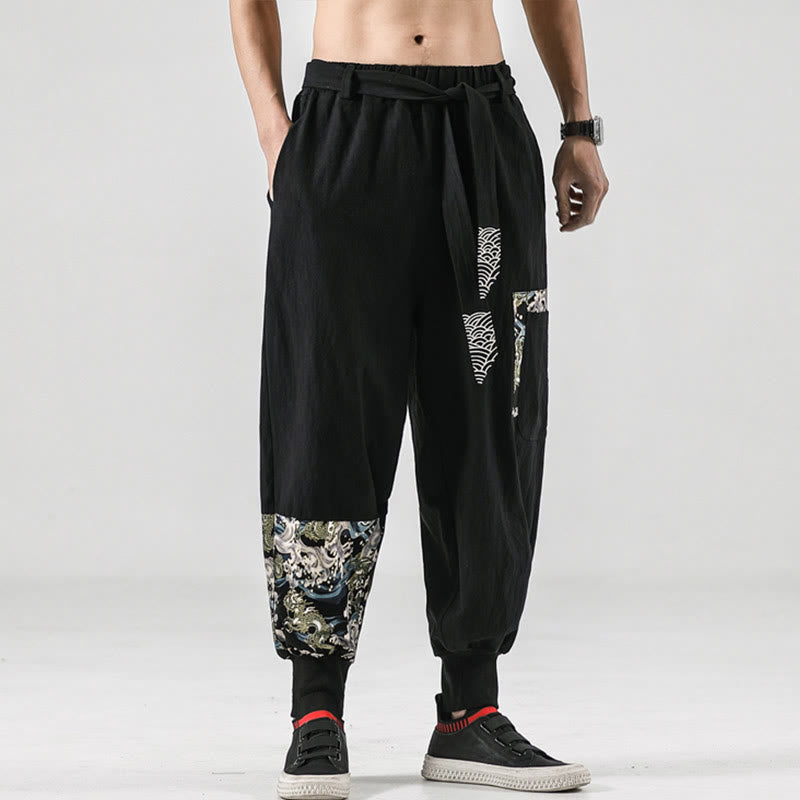 Ocean Waves Lace-up Cotton Men's Harem Pants With Pockets