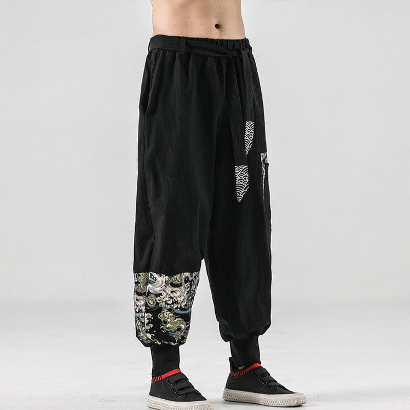 Ocean Waves Lace-up Cotton Men's Harem Pants With Pockets