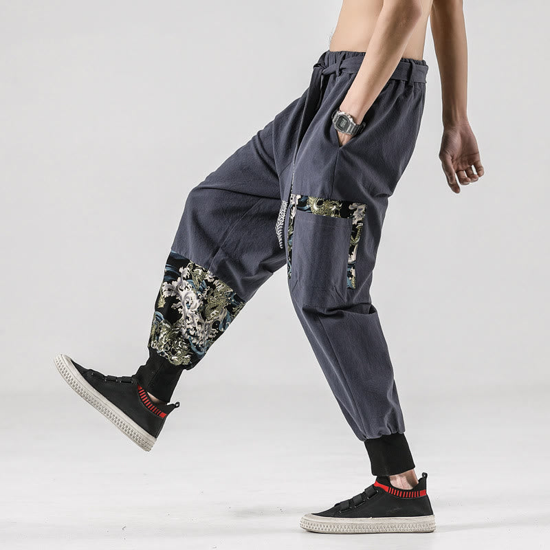 Ocean Waves Lace-up Cotton Men's Harem Pants With Pockets